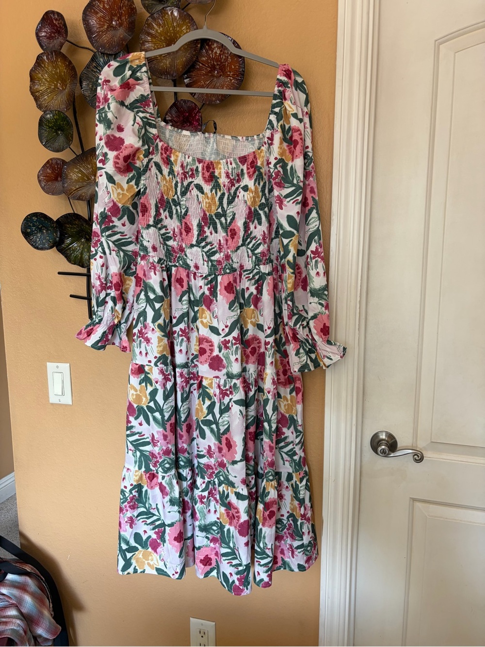Simple Floral Smocked Midi Dress - White with Pink & Green